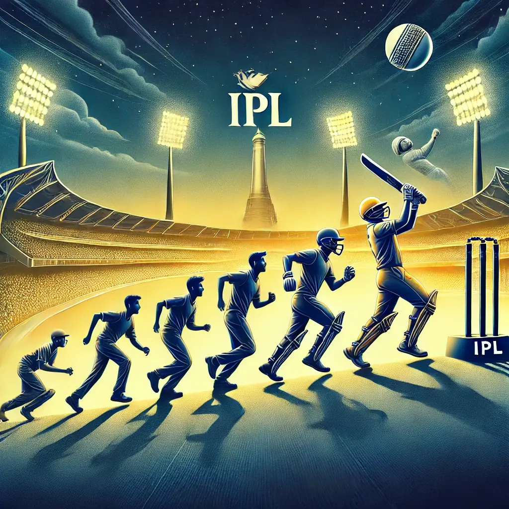 A visually engaging image representing 'The Evolution of Cricket Stars in IPL.' The image should feature cricketers in action, with a backdrop of a st